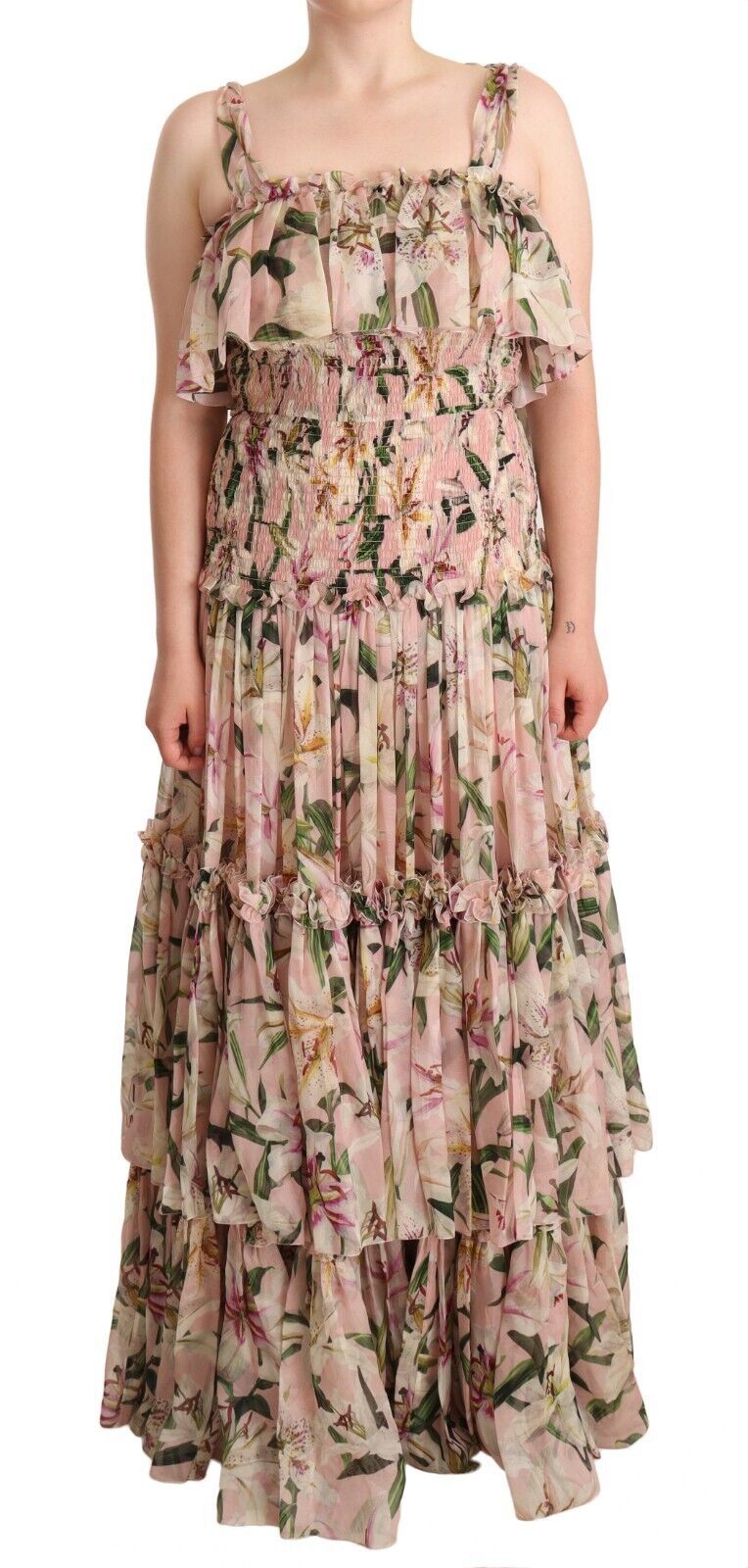 Dolce & Gabbana Elegant Floral Ruched Silk Long Dress