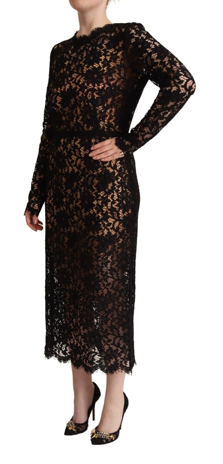 Dolce & Gabbana Black Floral Lace Cotton Midi Sheath Dress