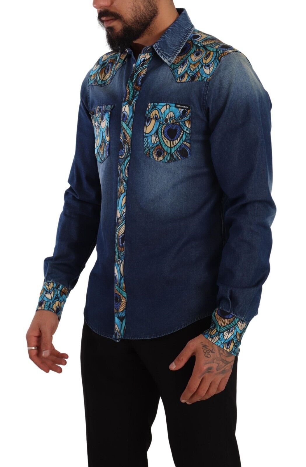 Dolce & Gabbana Peacock Print Cotton Denim Button-Down Shirt