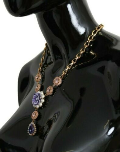 Dolce & Gabbana Elegant Gold Crystal Floral Charm Necklace