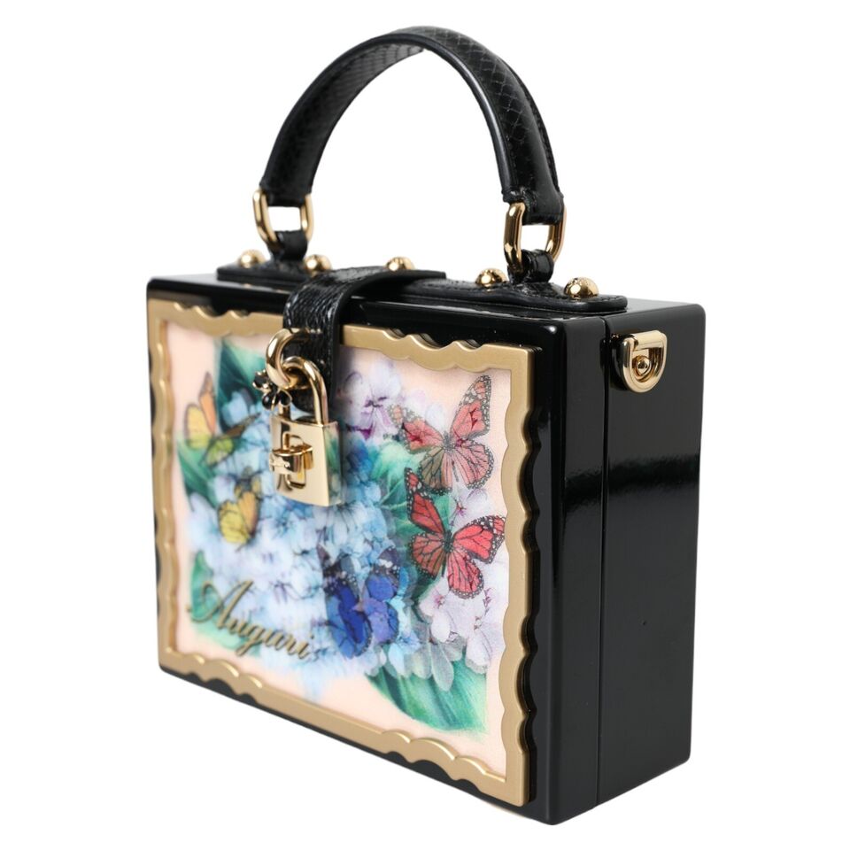 Dolce & Gabbana Elegant Floral Wood-Leather Box Bag with Gold Accents