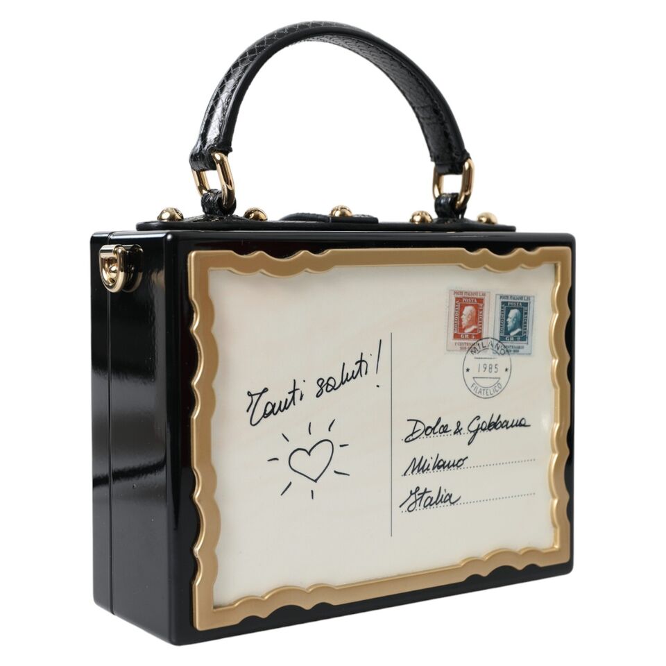 Dolce & Gabbana Elegant Floral Wood-Leather Box Bag with Gold Accents