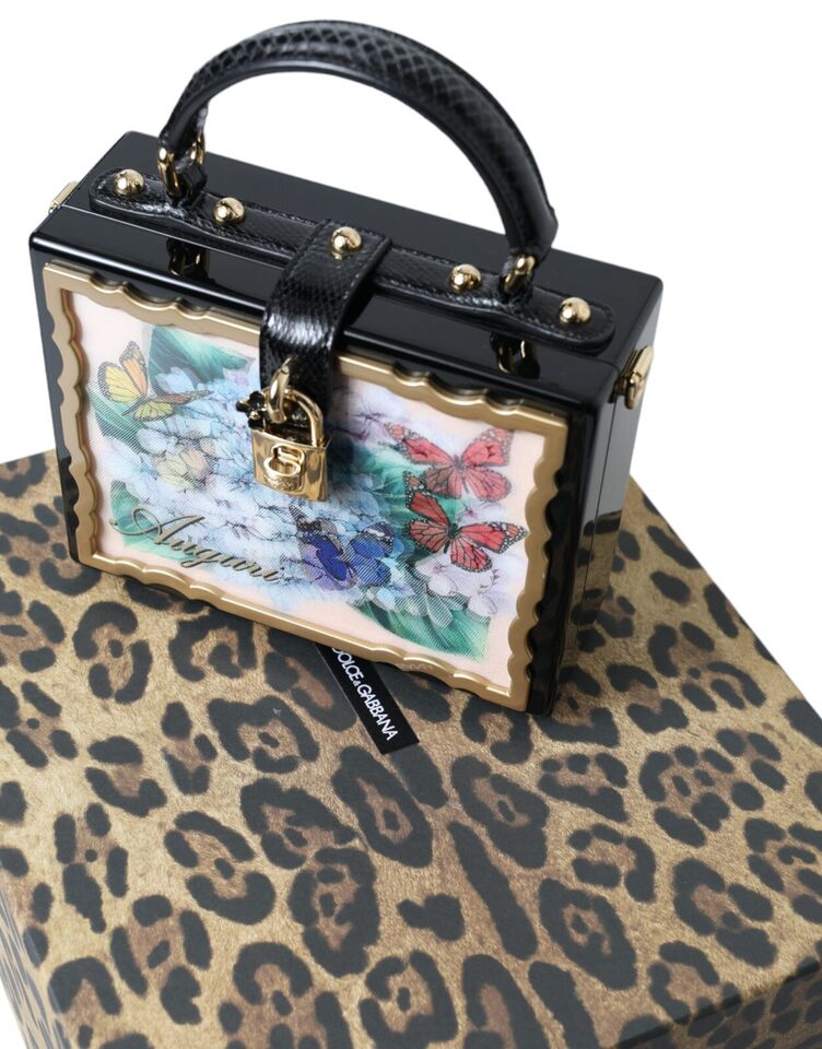 Dolce & Gabbana Elegant Floral Wood-Leather Box Bag with Gold Accents