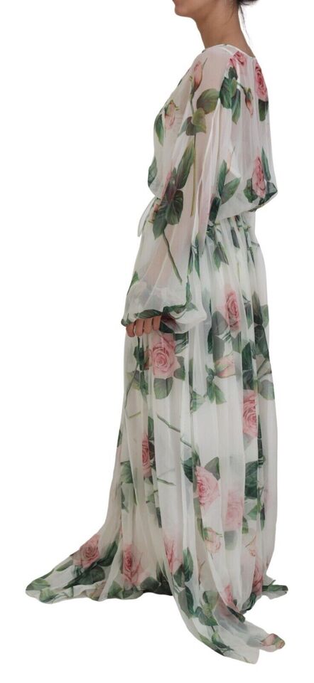 Dolce & Gabbana White Floral Roses Silk Maxi Gown Dress