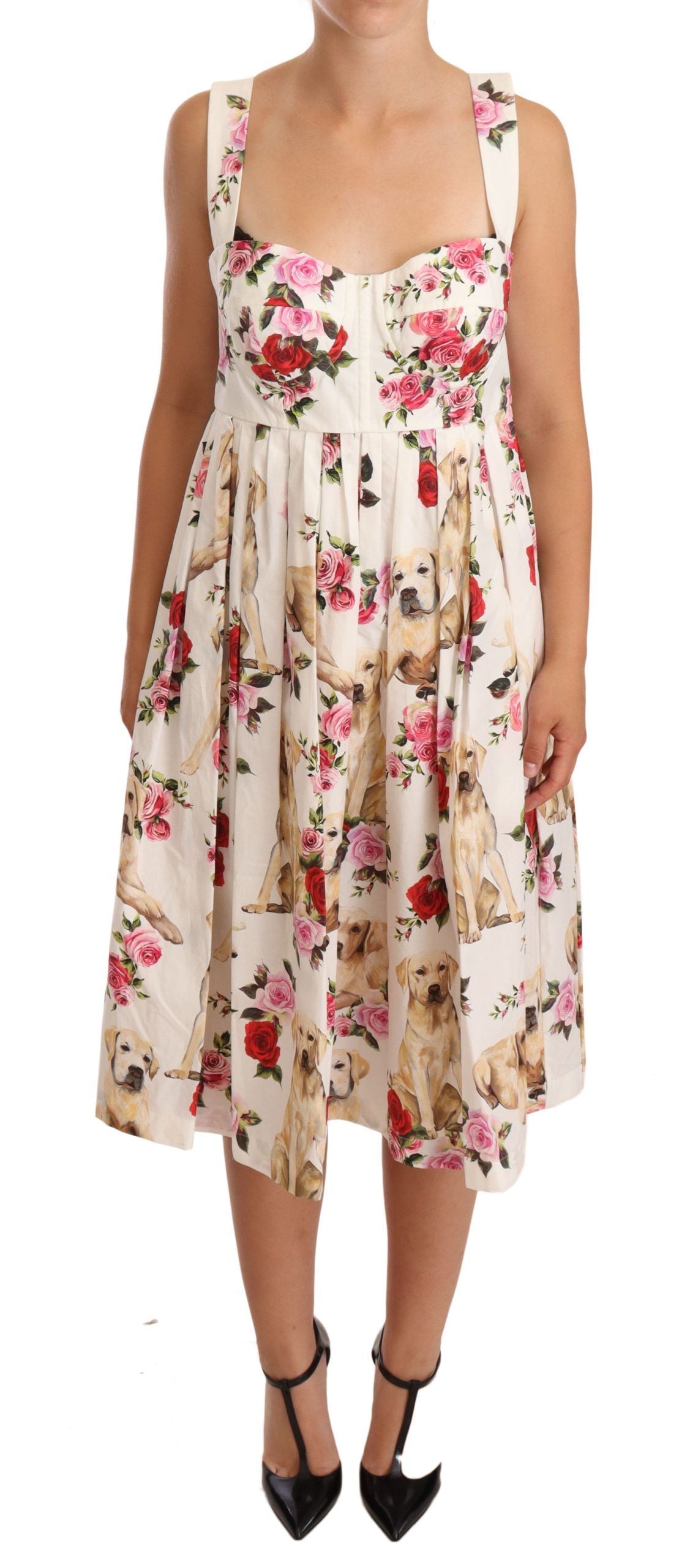 Dolce & Gabbana White Floral Dog Print Cotton Pleated Gown Dress